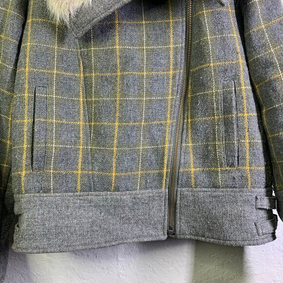 BANANA REPUBLIC Coat Jacket Moto Plaid Faux Fur‎ Collar Tweed Zip Cuffs - Picture 7 of 15